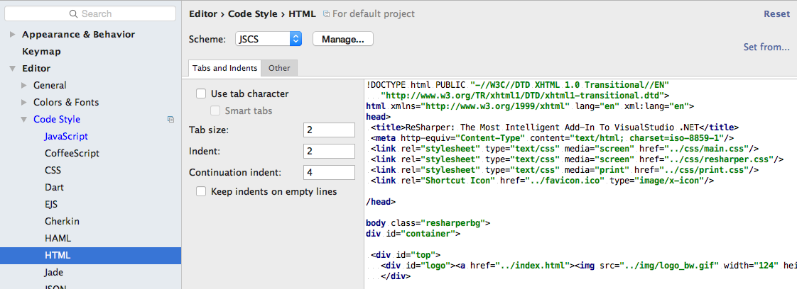 Figure 9: Set HTML Scheme, Tabs and Indents