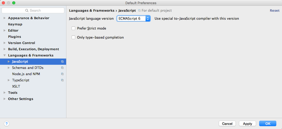 Figure 11: Set JavaScript language version to ECMAScript 6